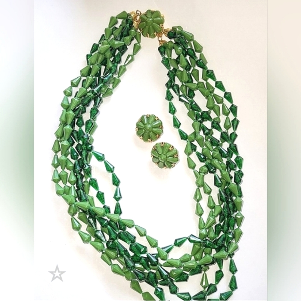 Green 8-Strand Lucite Bead Necklace & Earrings Set Retro 1950s 1960s